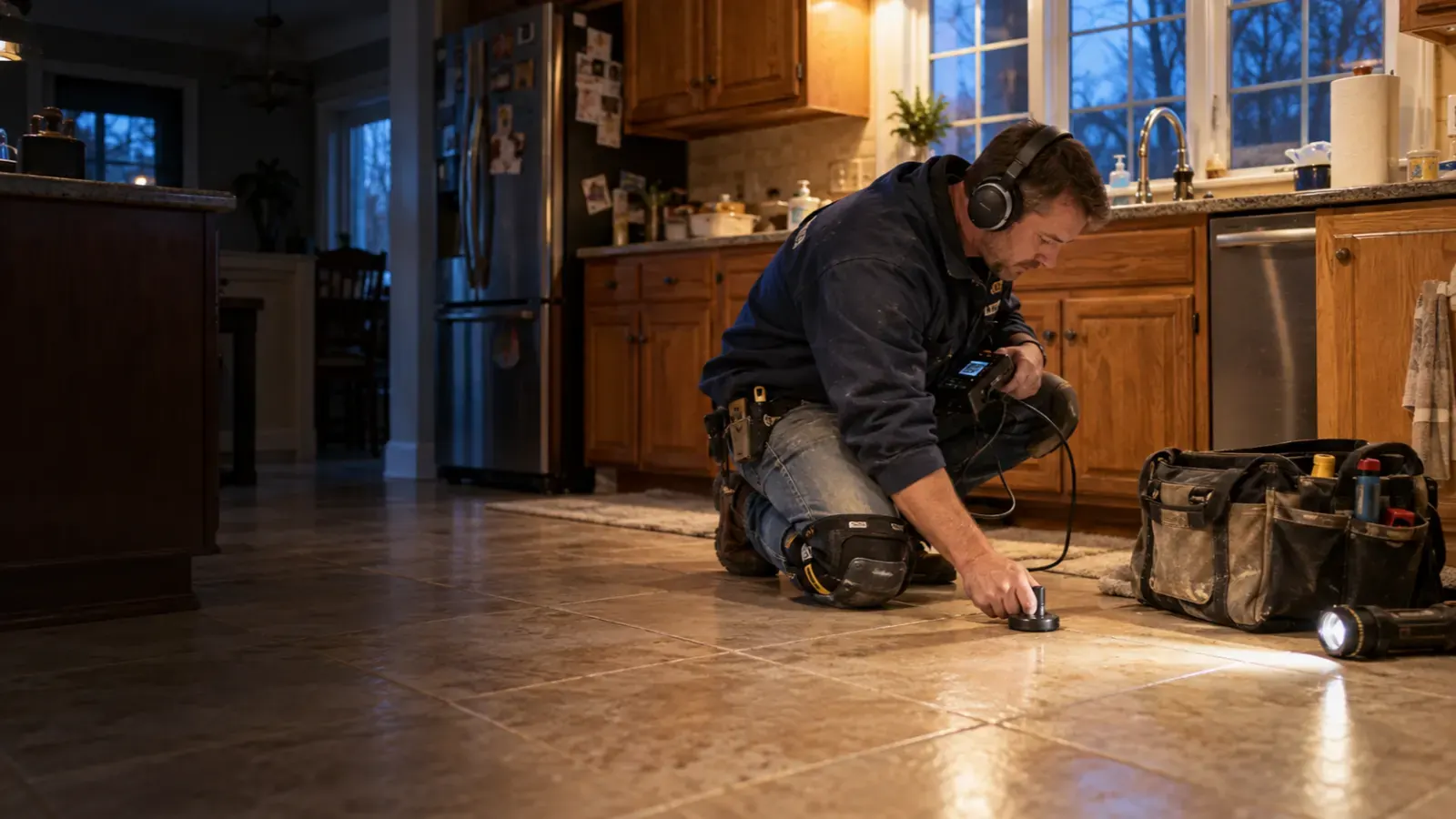 Plumber using an acoustic leak detector on a kitchen tile floor to find a slab leak in a Woburn, MA home