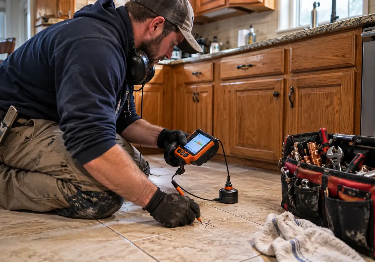 Technician listening for a slab leak with an acoustic ground microphone